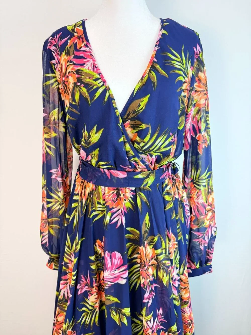 Renn Womens XL Tropical Floral Maxi Dress Blue Long Sleeve Belted NWT - Picture 7 of 16